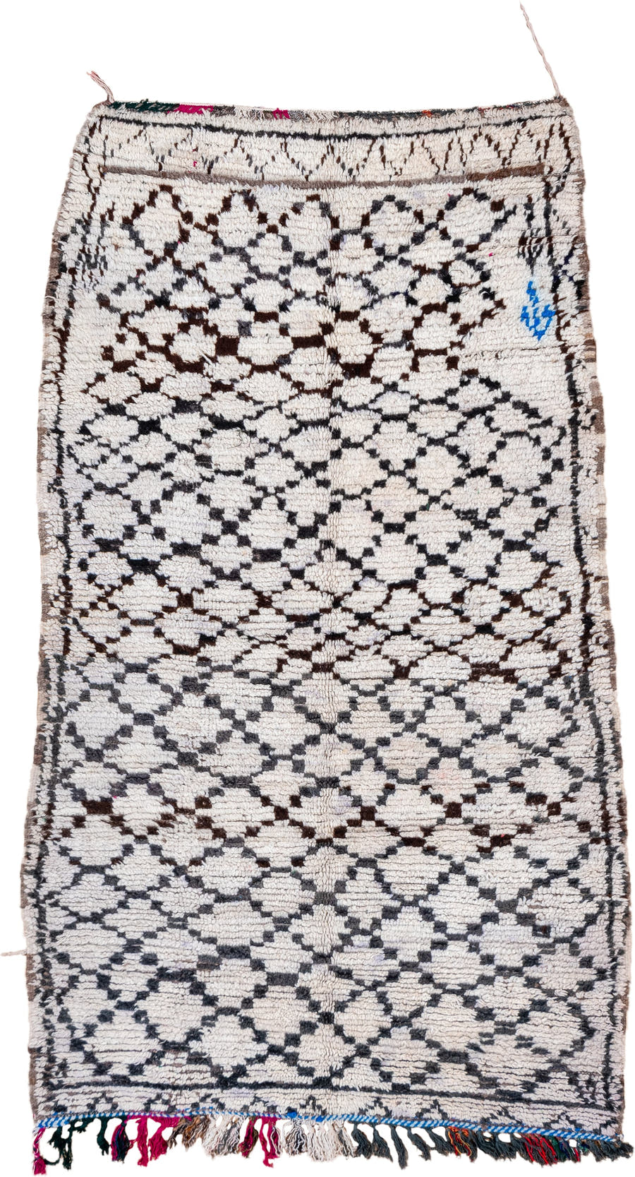 3' x 7' one-of-a-kind handmade vintage Moroccan runner rug. Color palette: ivory, charcoal, brown, blue, magenta, gray