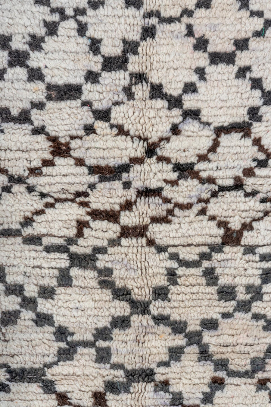3' x 7' one-of-a-kind handmade vintage Moroccan runner rug. Color palette: ivory, charcoal, brown, blue, magenta, gray