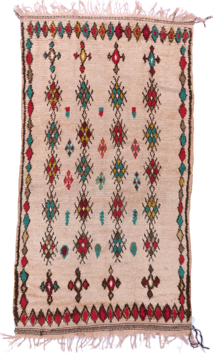 3' x 7' one-of-a-kind handmade vintage Moroccan rug. Color palette: ivory, crimson, turquoise, brown, gold, taupe, red, teal