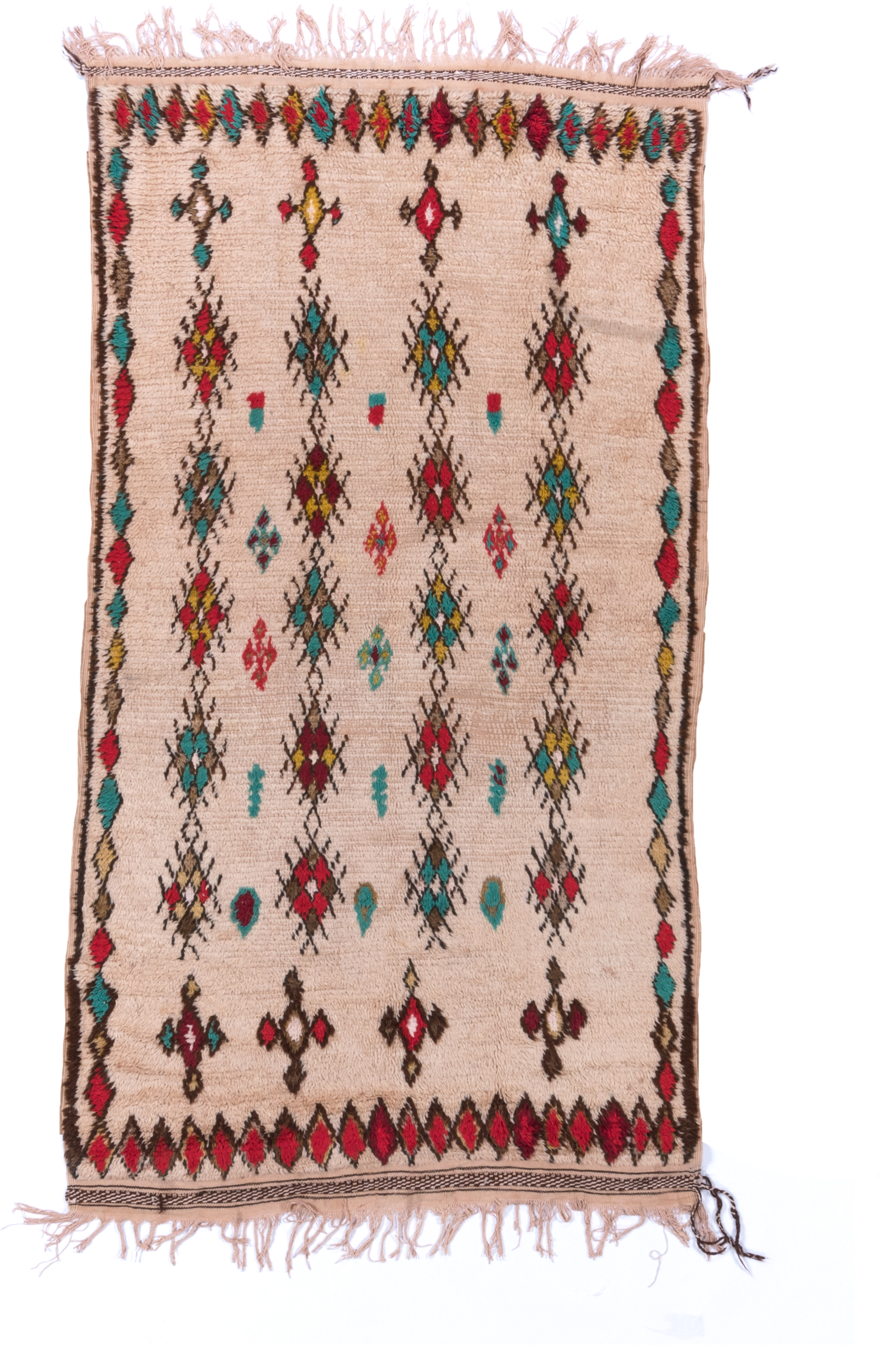 3' x 7' one-of-a-kind handmade vintage Moroccan rug. Color palette: ivory, crimson, turquoise, brown, gold, taupe, red, teal