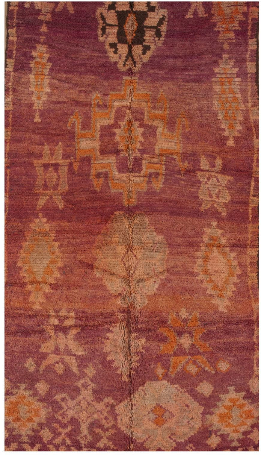 4' x 9' one-of-a-kind handmade vintage Moroccan rug. Color palette: mauve, rose, peach, apricot, blush, taupe, charcoal