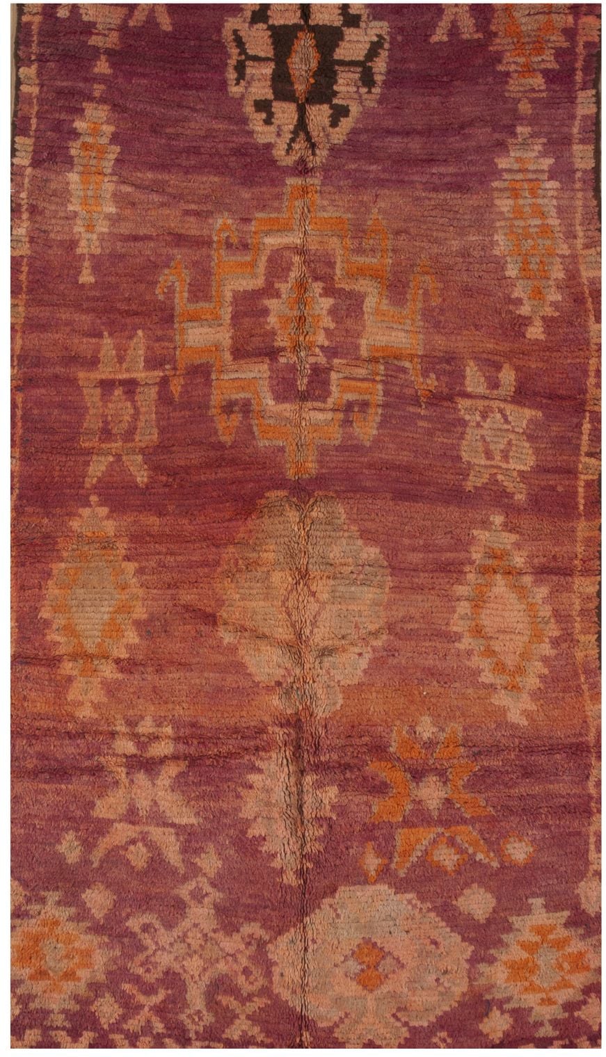 4' x 9' one-of-a-kind handmade vintage Moroccan rug. Color palette: mauve, rose, peach, apricot, blush, taupe, charcoal