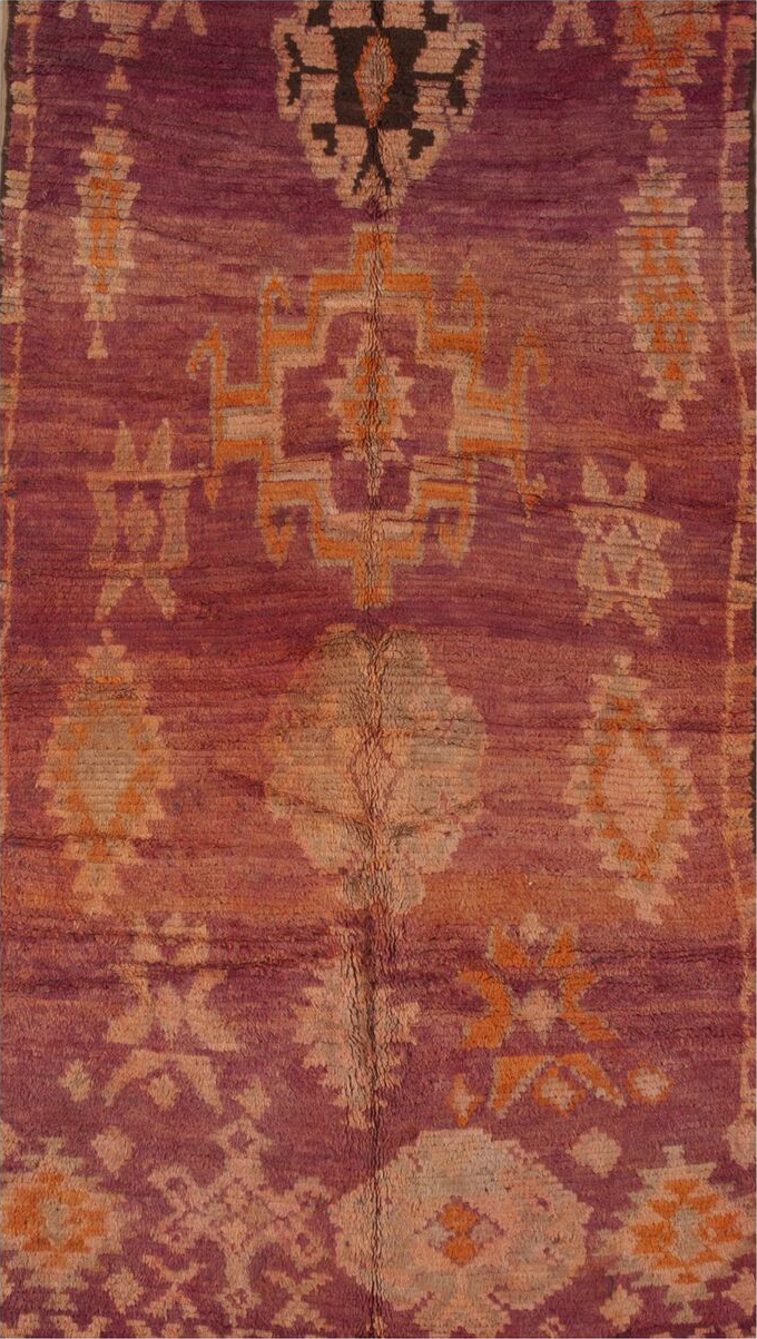 4' x 9' one-of-a-kind handmade vintage Moroccan rug. Color palette: brown, pink, red
