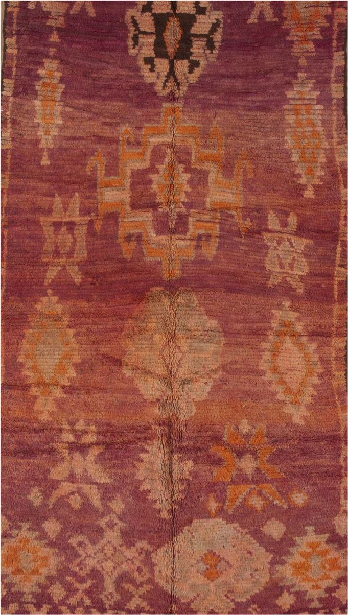 4' x 9' one-of-a-kind handmade vintage Moroccan rug. Color palette: brown, pink, red