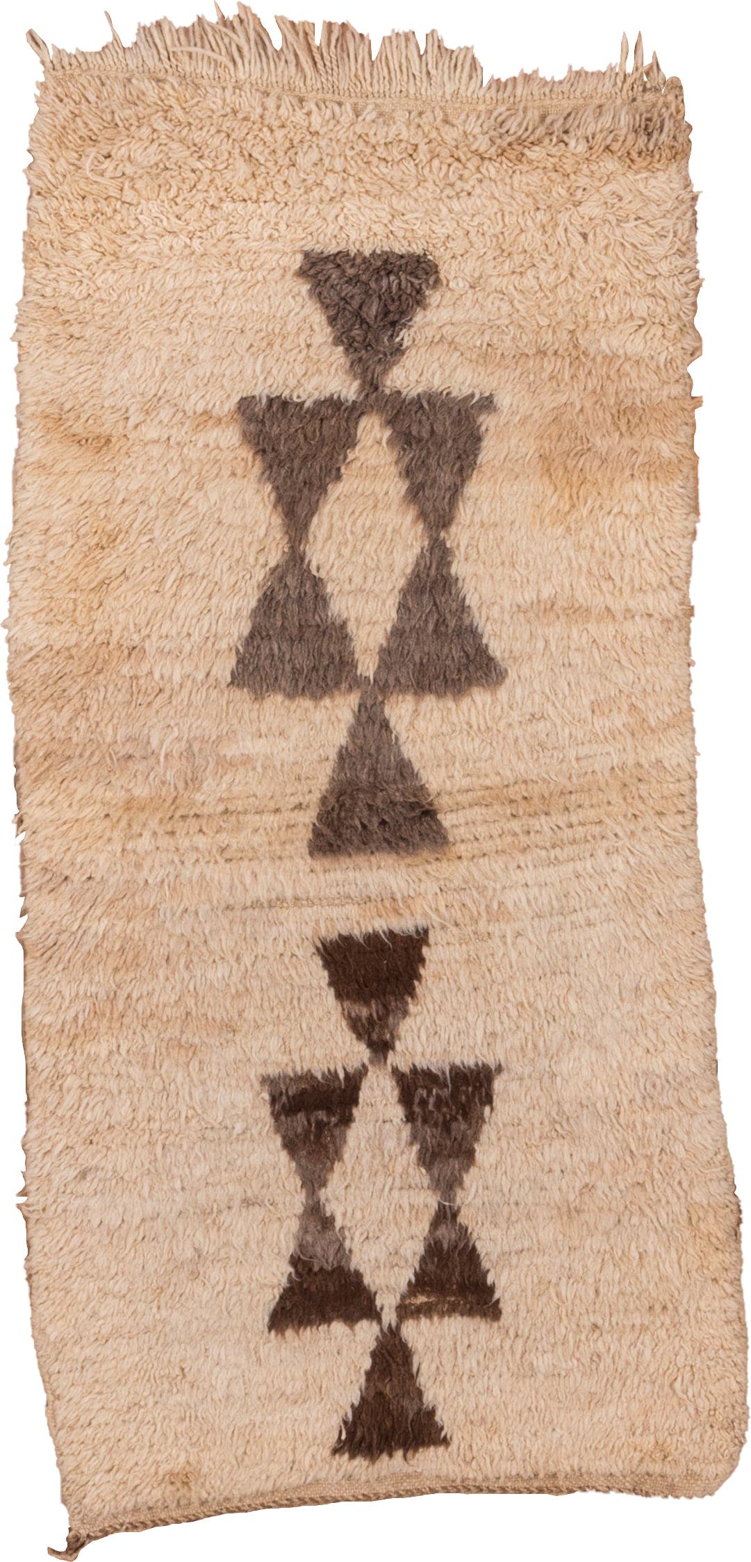 2' x 5' one-of-a-kind handmade vintage Moroccan small size rug. Color palette: ivory, brown, taupe, camel, beige, gray