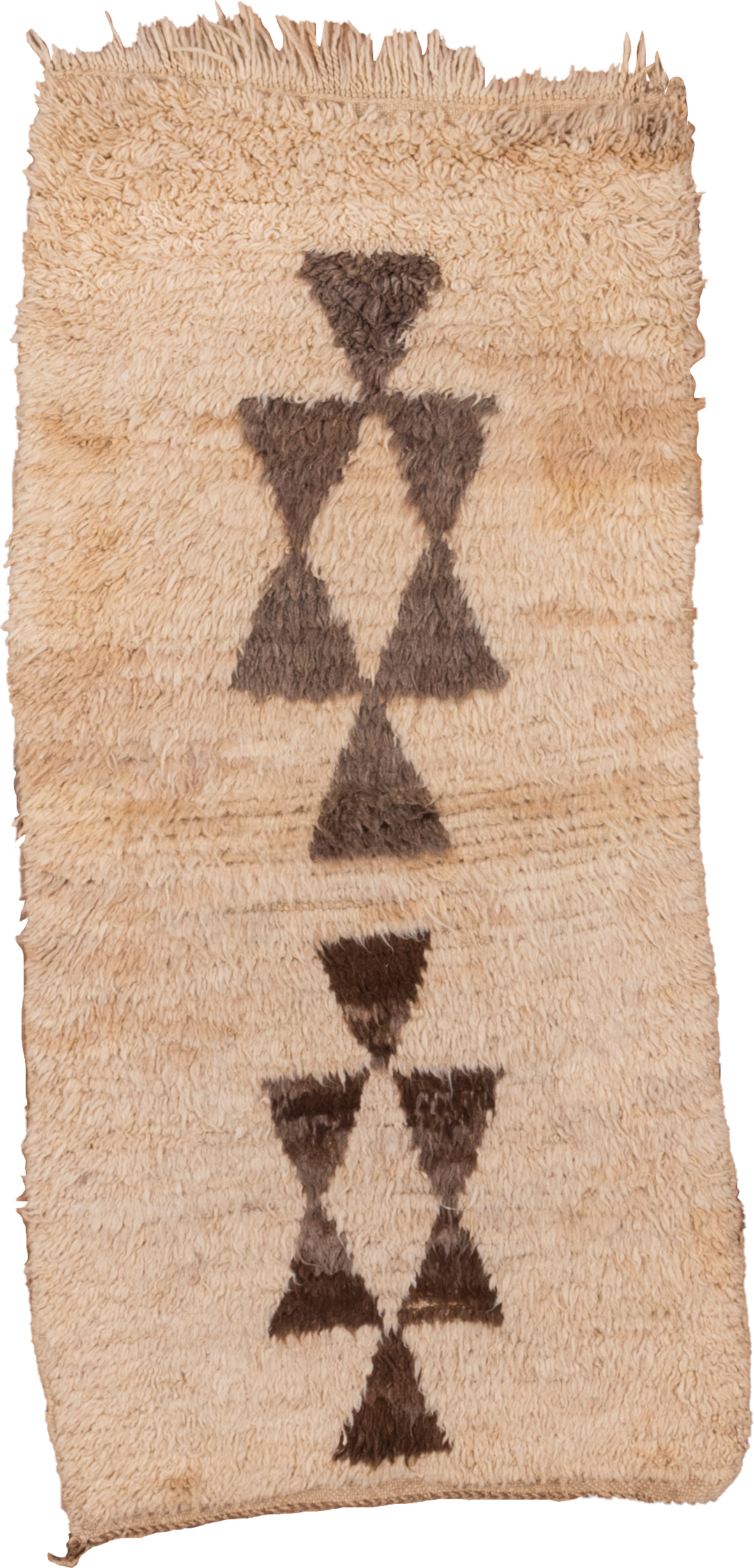 2' x 5' one-of-a-kind handmade vintage Moroccan small size rug. Color palette: ivory, brown, taupe, camel, beige, gray