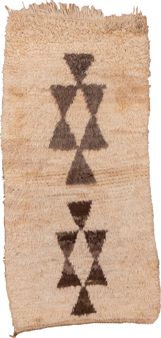 2' x 5' one-of-a-kind handmade vintage Moroccan small size rug. Color palette: brown, gray, off-white, orange, pink