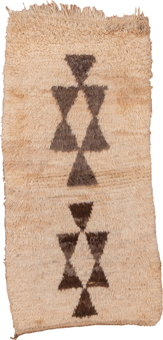 2' x 5' one-of-a-kind handmade vintage Moroccan small size rug. Color palette: brown, gray, off-white, orange, pink