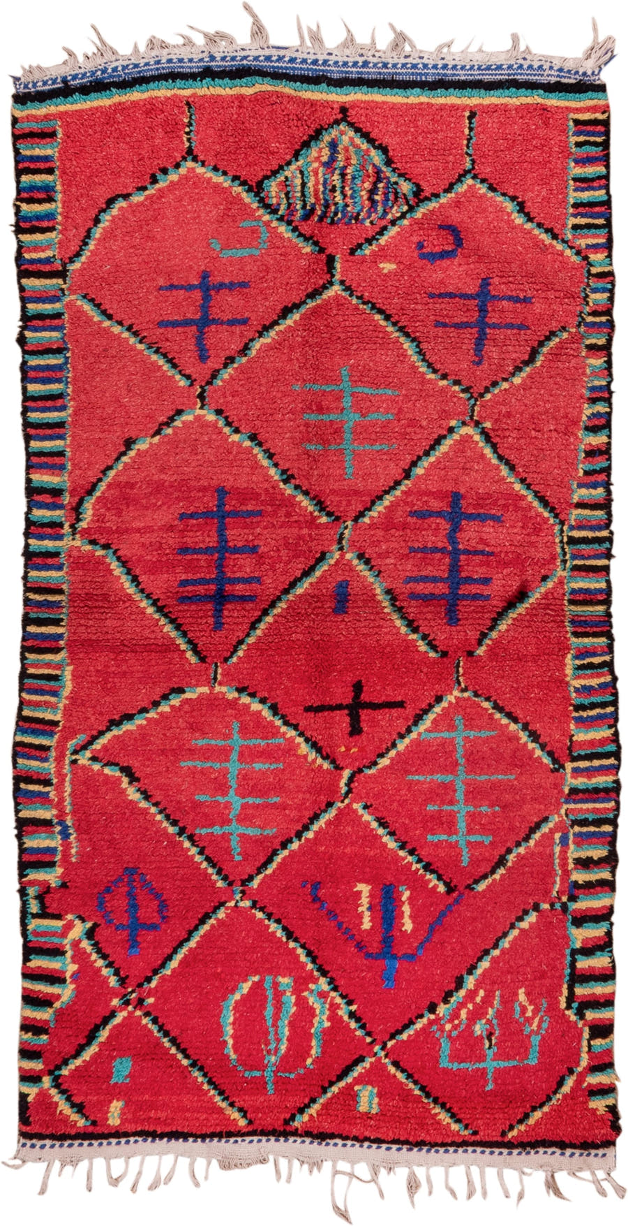 3' x 6' one-of-a-kind handmade vintage Moroccan small size rug. Color palette: coral, turquoise, cobalt, black, ivory, rose