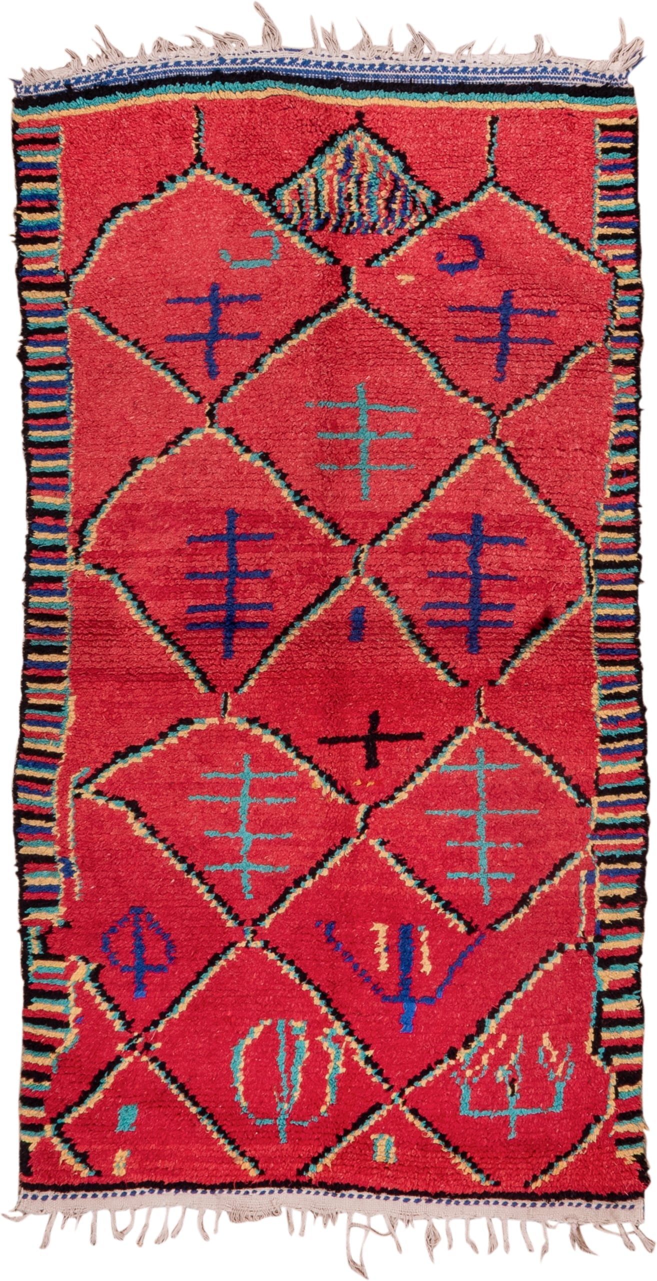 3' x 6' one-of-a-kind handmade vintage Moroccan small size rug. Color palette: coral, turquoise, cobalt, black, ivory, rose
