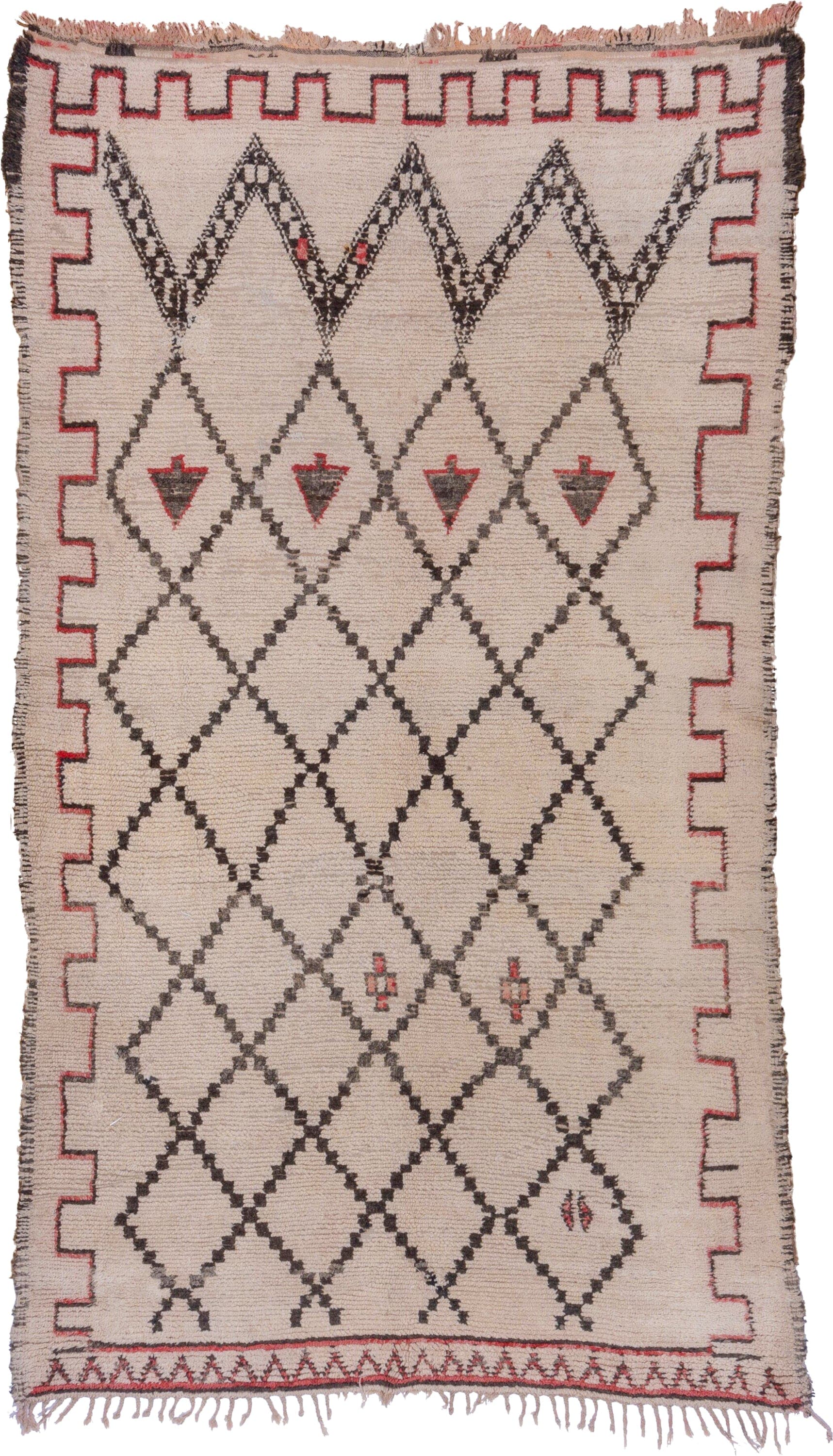 6' x 11' one-of-a-kind handmade vintage Moroccan large size rug. Color palette: ivory, charcoal, red, rose, taupe, gray