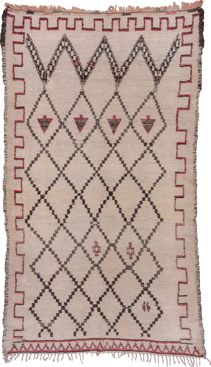 6' x 11' one-of-a-kind handmade vintage Moroccan large size rug. Color palette: brown, gray, light gray, off-white, pink