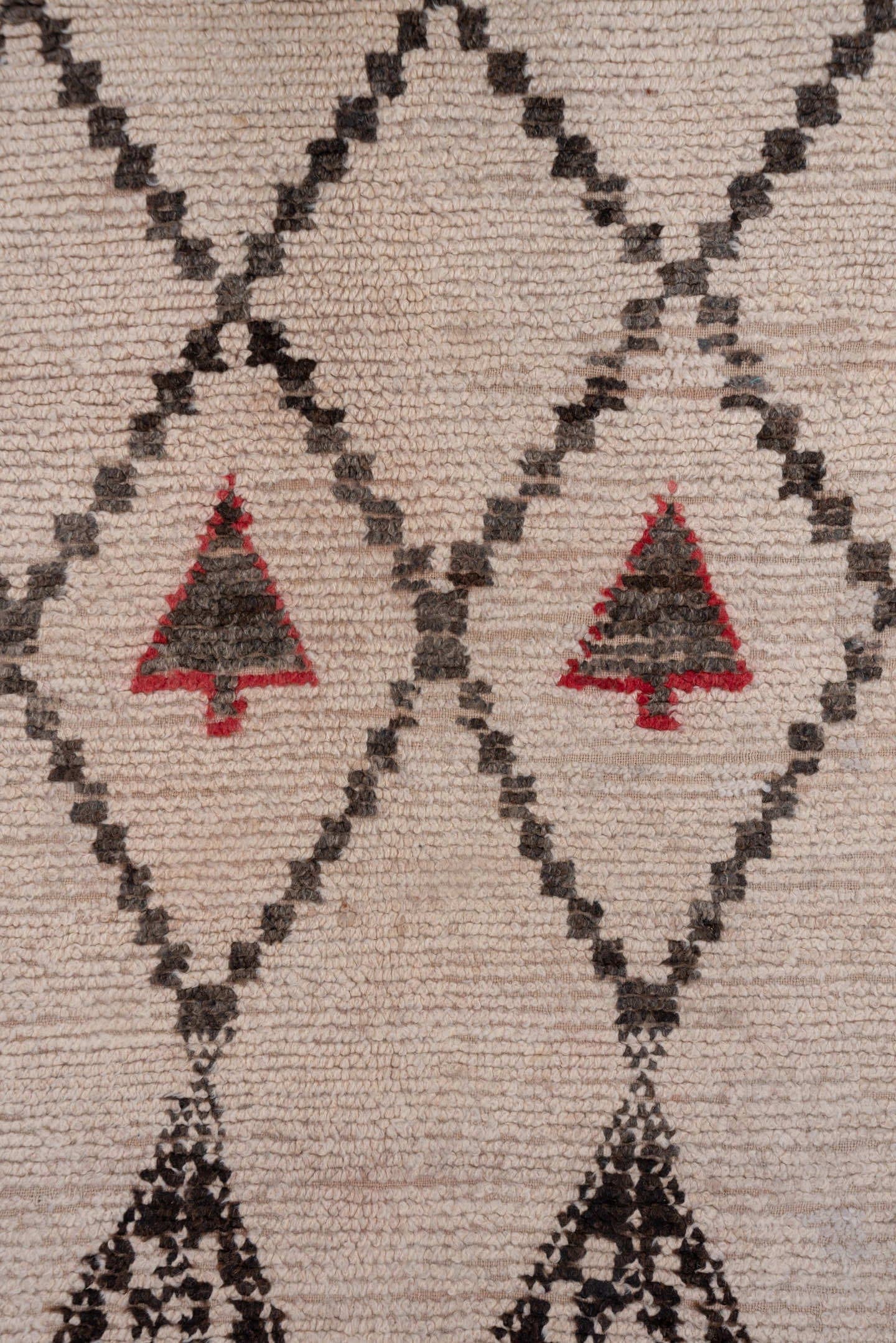 6' x 11' one-of-a-kind handmade vintage Moroccan large size rug. Color palette: ivory, charcoal, red, rose, taupe, gray