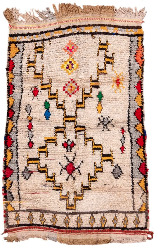 3' x 5' one-of-a-kind handmade vintage Moroccan small size rug. Color palette: ivory, charcoal, gold, crimson, gray, orange