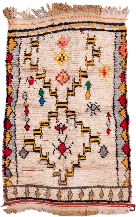 3' x 5' one-of-a-kind handmade vintage Moroccan small size rug. Color palette: ivory, charcoal, gold, crimson, gray, orange