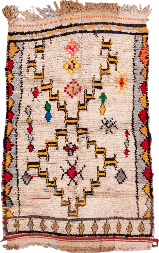 3' x 5' one-of-a-kind handmade vintage Moroccan small size rug. Color palette: bisque, blanched almond, brown, fire brick