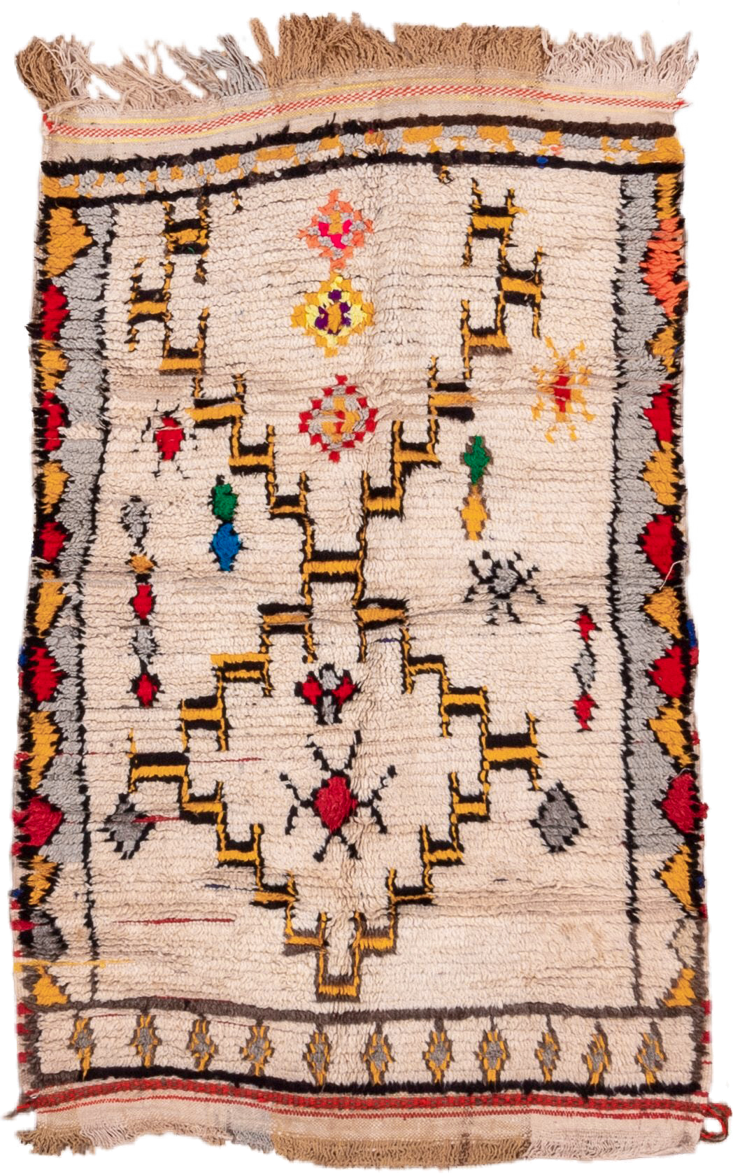 3' x 5' one-of-a-kind handmade vintage Moroccan small size rug. Color palette: ivory, charcoal, gold, crimson, gray, orange