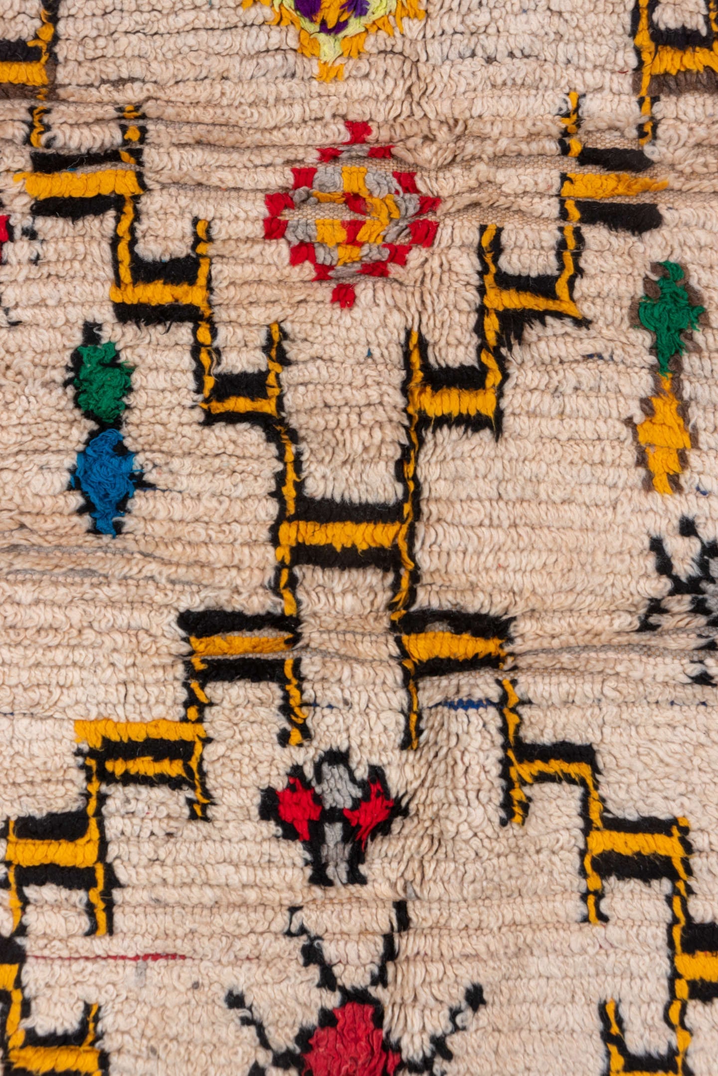 3' x 5' one-of-a-kind handmade vintage Moroccan small size rug. Color palette: ivory, charcoal, gold, crimson, gray, orange