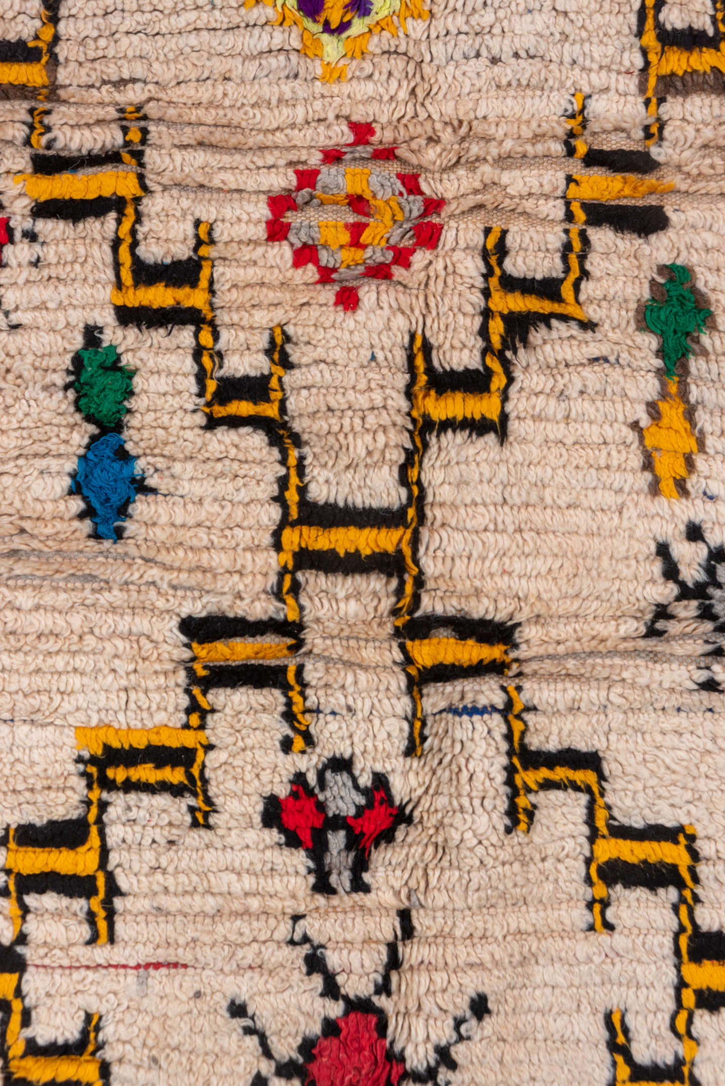 3' x 5' one-of-a-kind handmade vintage Moroccan small size rug. Color palette: ivory, charcoal, gold, crimson, gray, orange