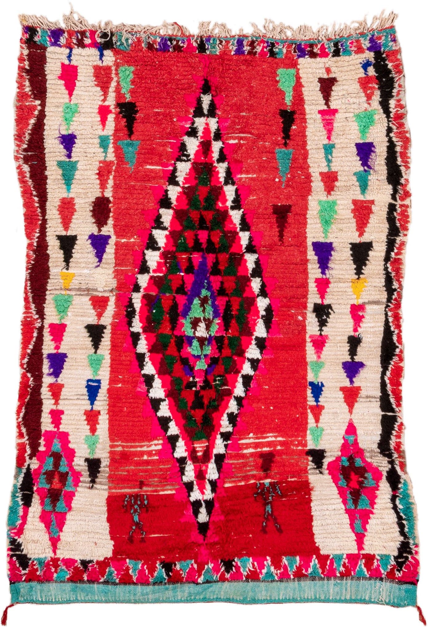 4' x 5' one-of-a-kind handmade vintage Moroccan small size rug. Color palette: red, ivory, black, fuchsia, turquoise