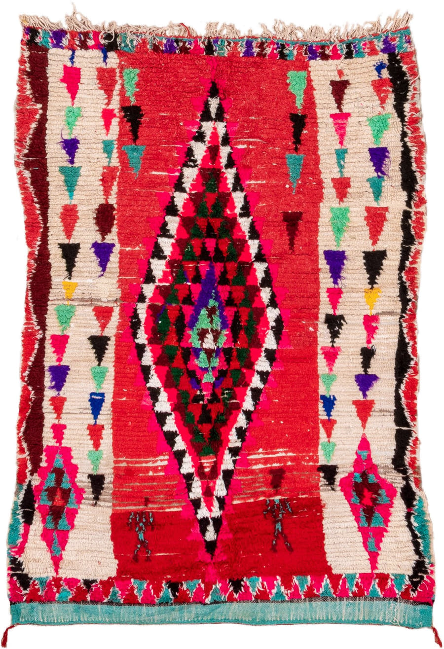 4' x 5' one-of-a-kind handmade vintage Moroccan small size rug. Color palette: red, ivory, black, fuchsia, turquoise
