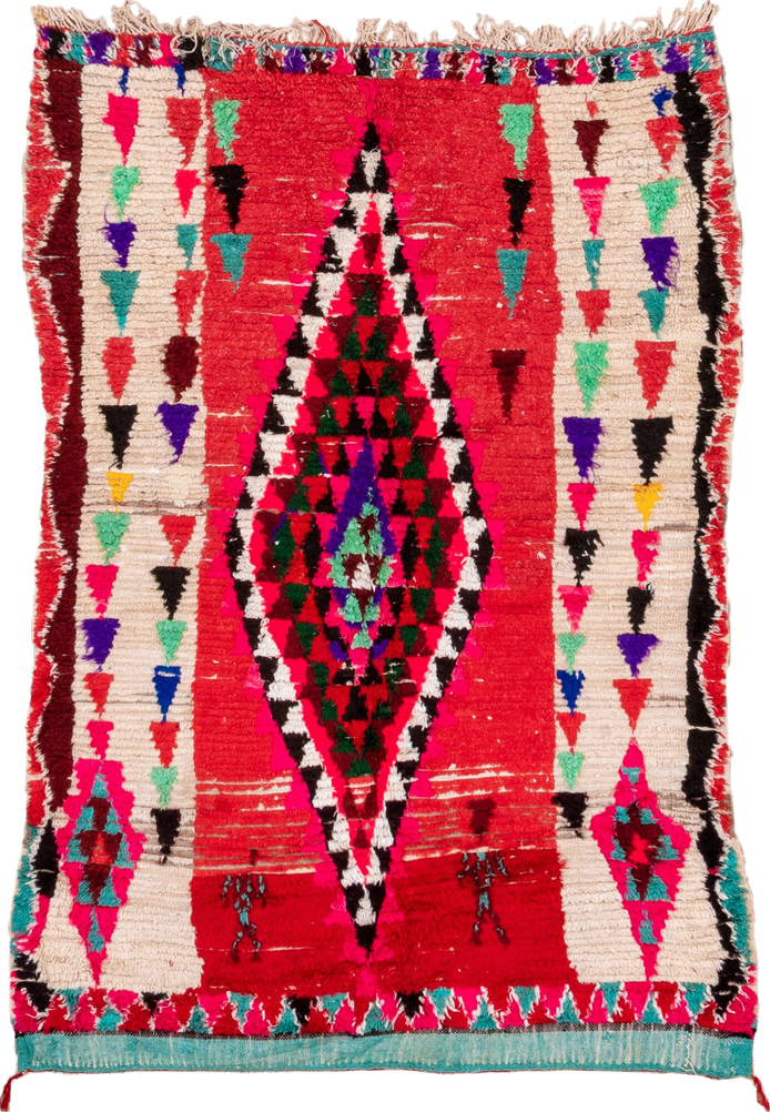 4' x 5' one-of-a-kind handmade vintage Moroccan small size rug. Color palette: blue, brown, dark slate blue, fire brick