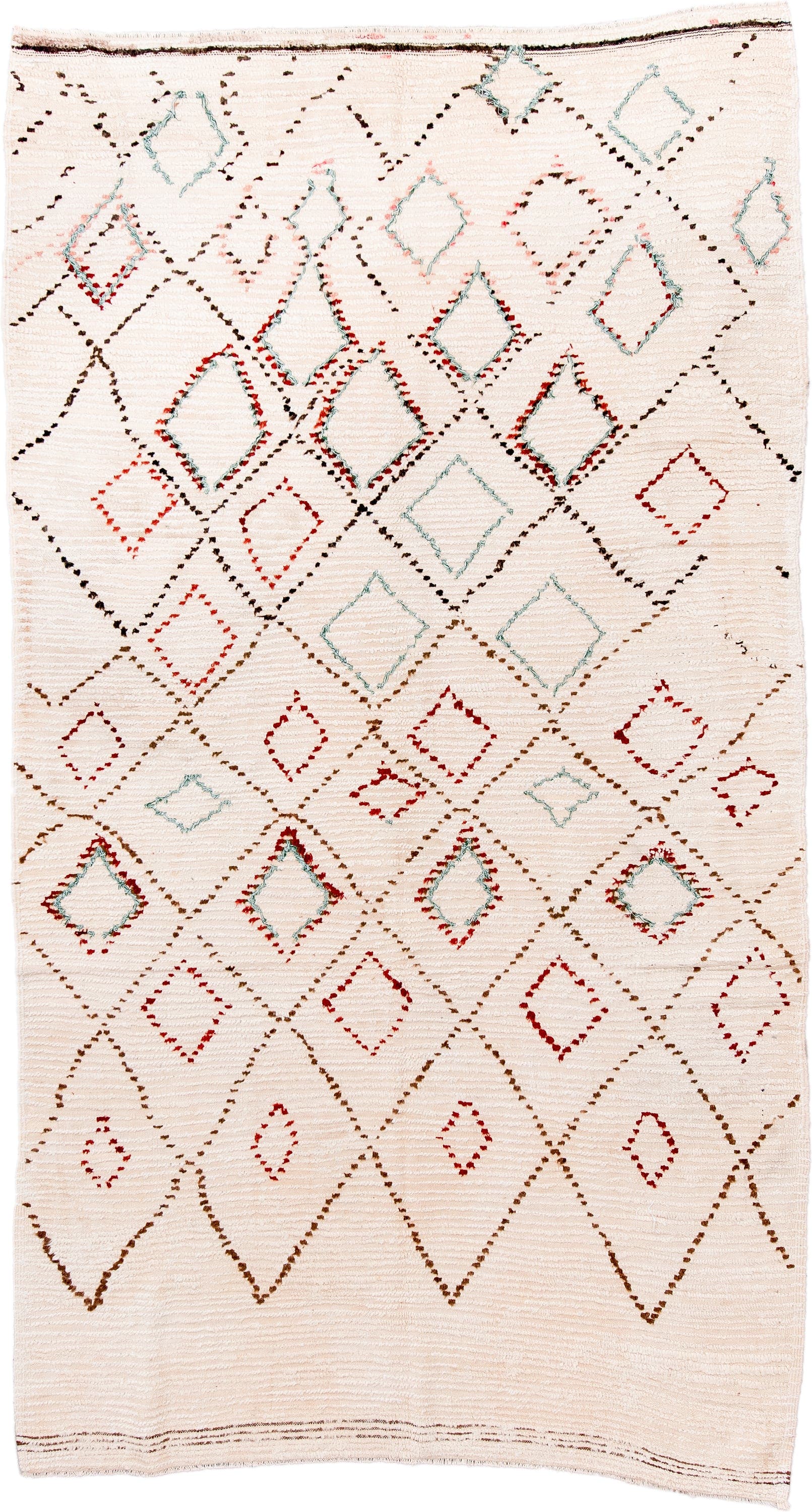 5' x 10' one-of-a-kind handmade vintage Moroccan medium size rug. Color palette: ivory, brown, red, aqua, cream, teal