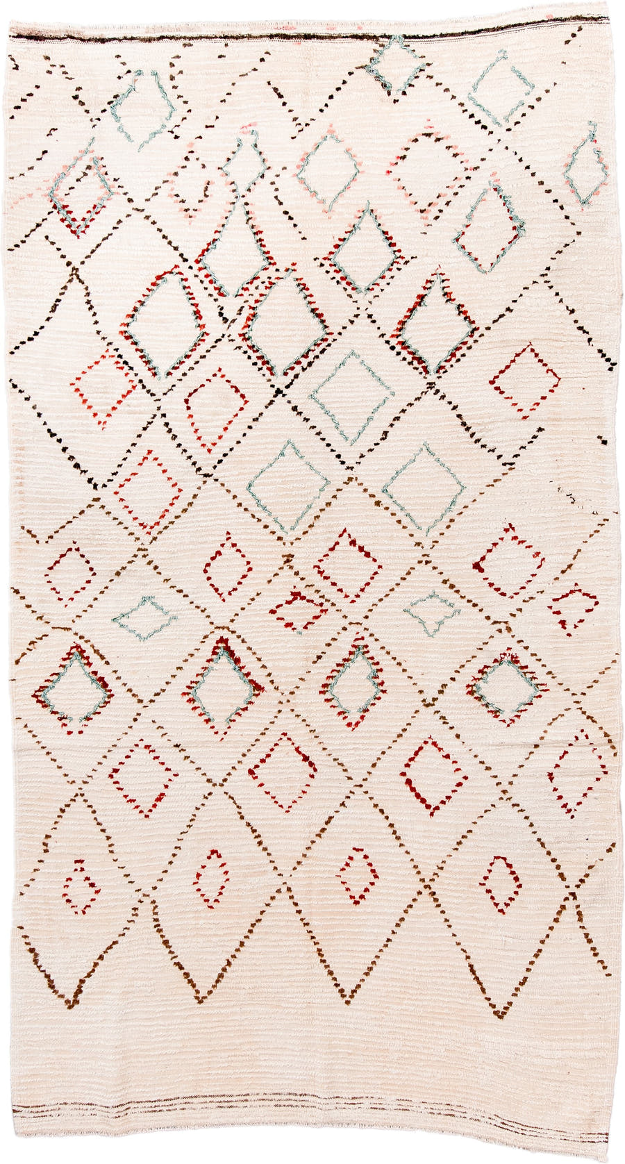5' x 10' one-of-a-kind handmade vintage Moroccan medium size rug. Color palette: ivory, brown, red, aqua, cream, teal