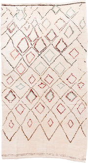 5' x 10' one-of-a-kind handmade vintage Moroccan medium size rug. Color palette: ivory, brown, red, aqua, cream, teal
