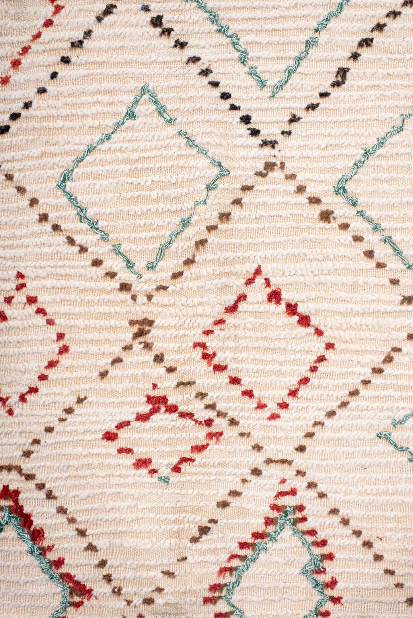 5' x 10' one-of-a-kind handmade vintage Moroccan medium size rug. Color palette: ivory, brown, red, aqua, cream, teal
