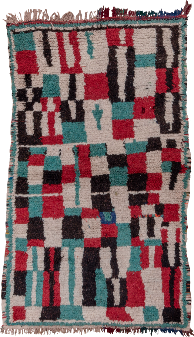 4' x 6' one-of-a-kind handmade vintage Moroccan small size rug. Color palette: black, blue, brown, gray, green, light gray