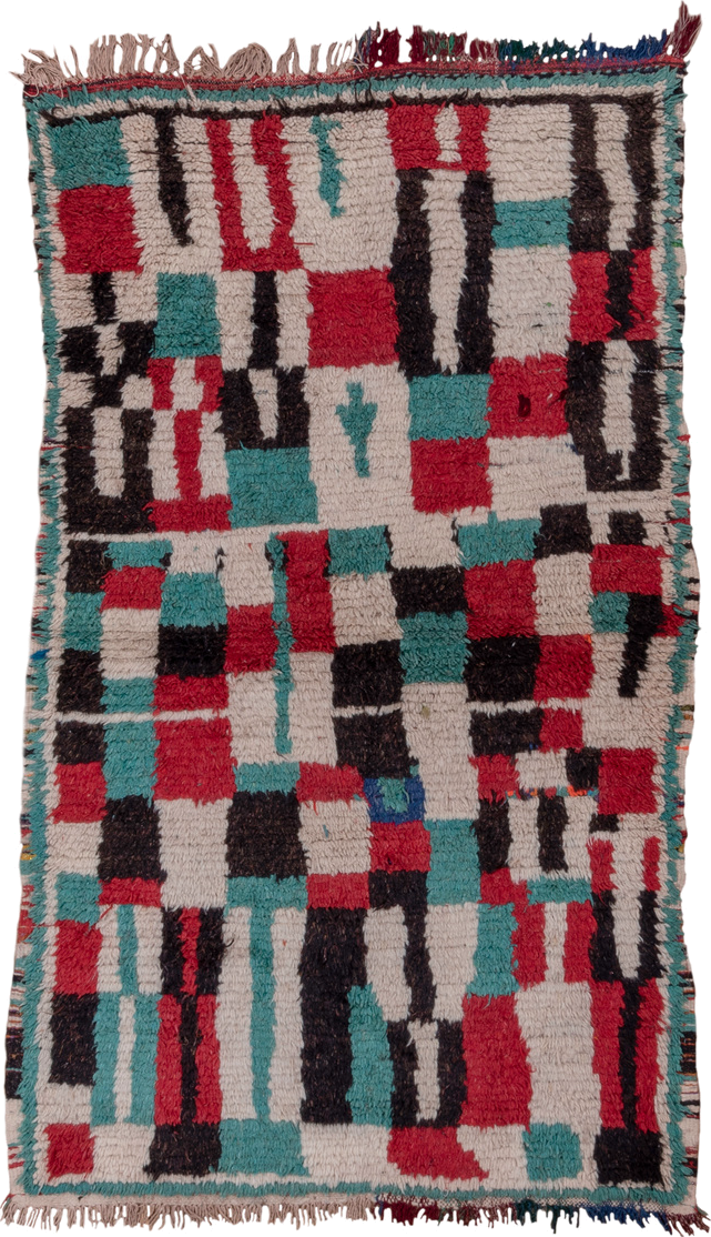 4' x 6' one-of-a-kind handmade vintage Moroccan small size rug. Color palette: ivory, turquoise, crimson, charcoal, rose