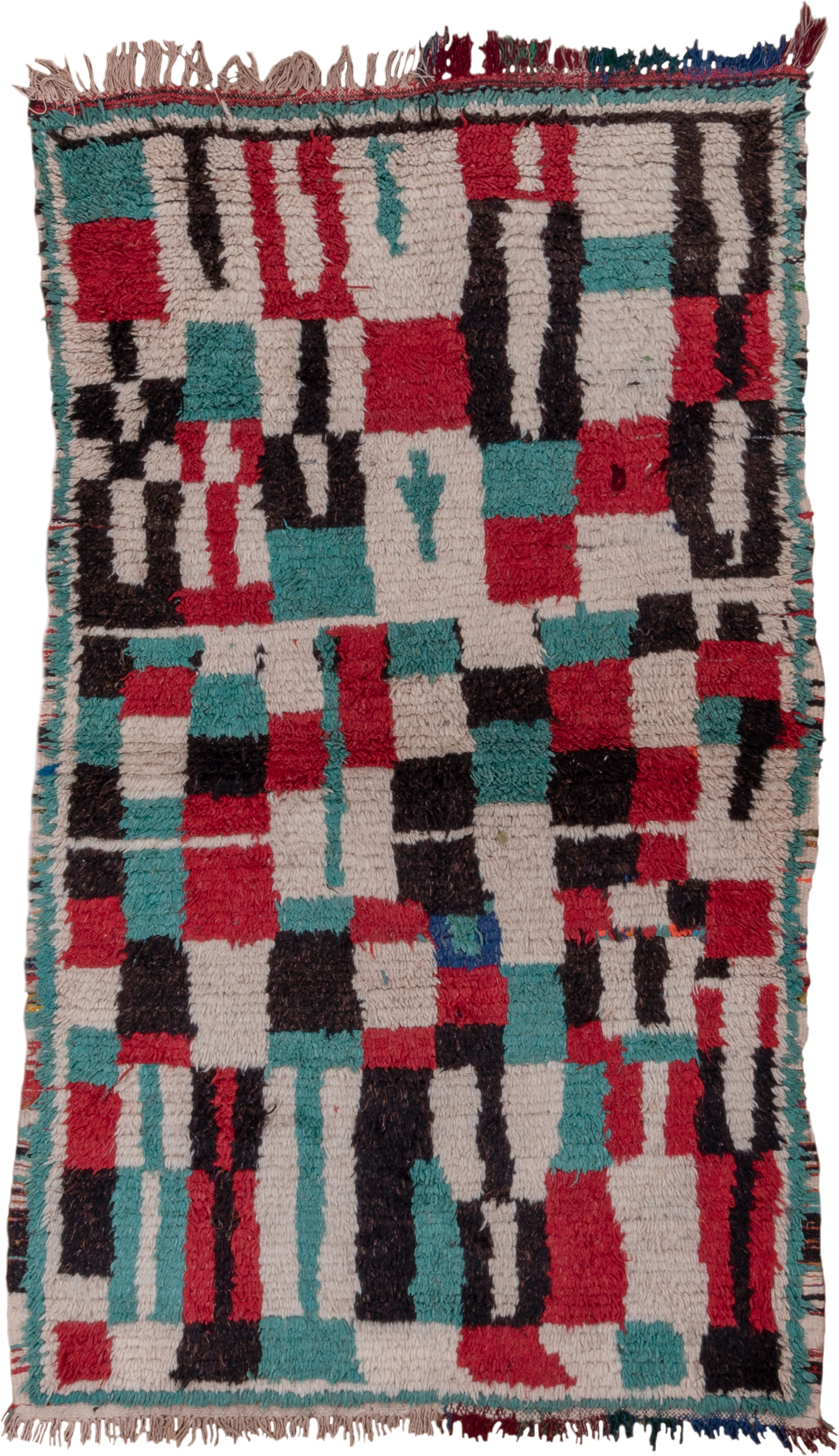 4' x 6' one-of-a-kind handmade vintage Moroccan small size rug. Color palette: ivory, turquoise, crimson, charcoal, rose
