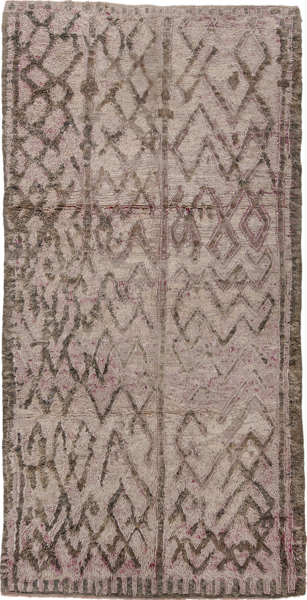 5' x 10' one-of-a-kind handmade vintage Moroccan medium size rug. Color palette: brown, gray, light gray, off-white, pink