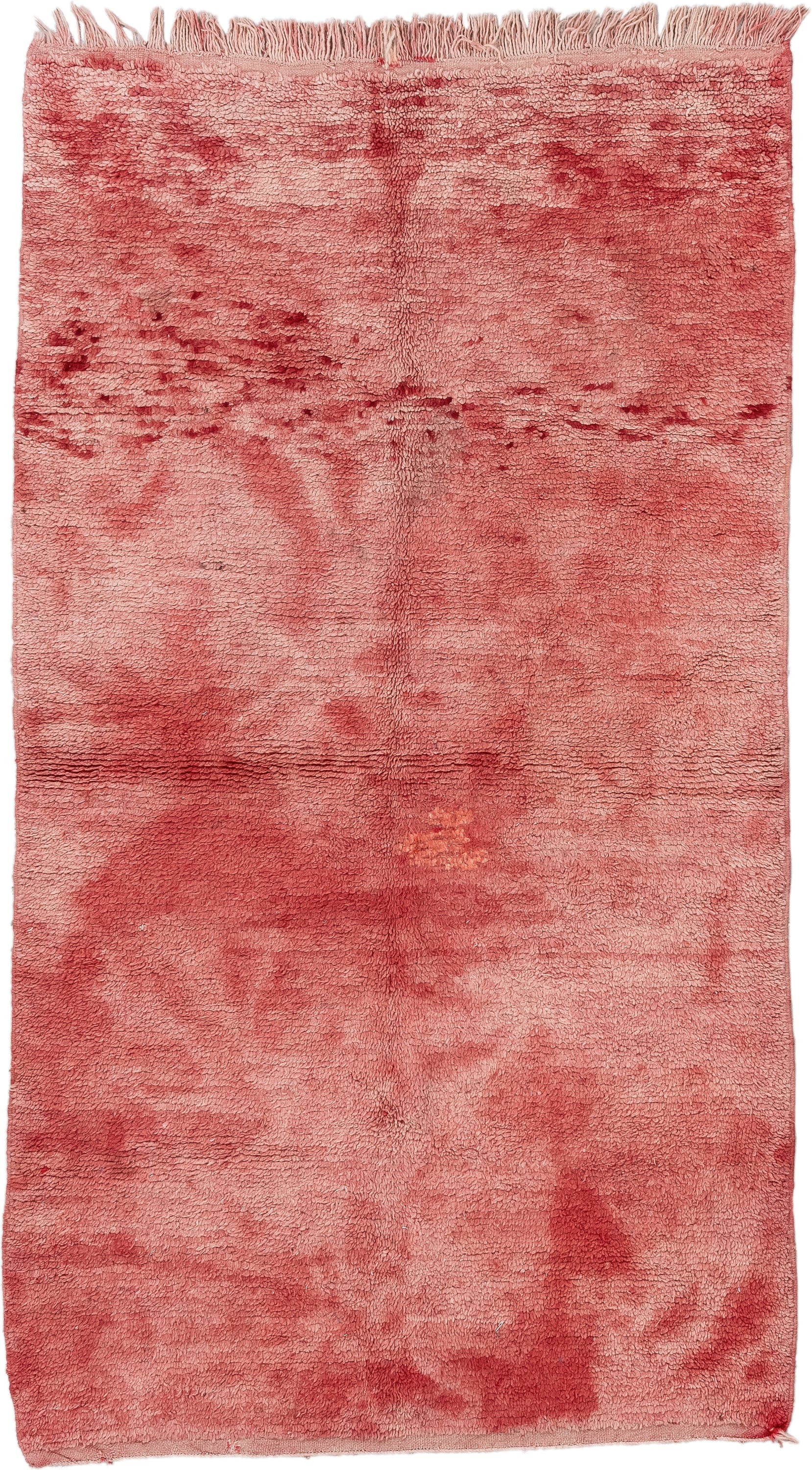 4' x 7' one-of-a-kind handmade vintage Moroccan rug. Color palette: rose, blush, dusty rose, coral, terracotta, pink, red