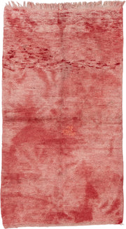 4' x 7' one-of-a-kind handmade vintage Moroccan rug. Color palette: rose, blush, dusty rose, coral, terracotta, pink, red