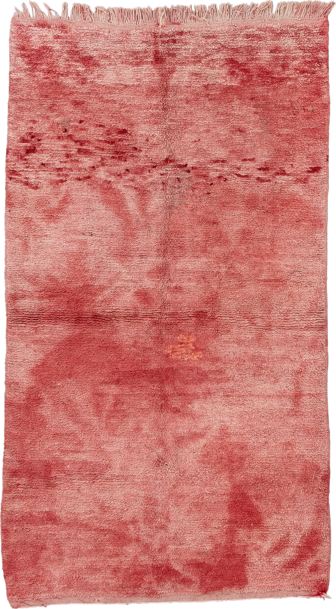 4' x 7' one-of-a-kind handmade vintage Moroccan rug. Color palette: rose, blush, dusty rose, coral, terracotta, pink, red