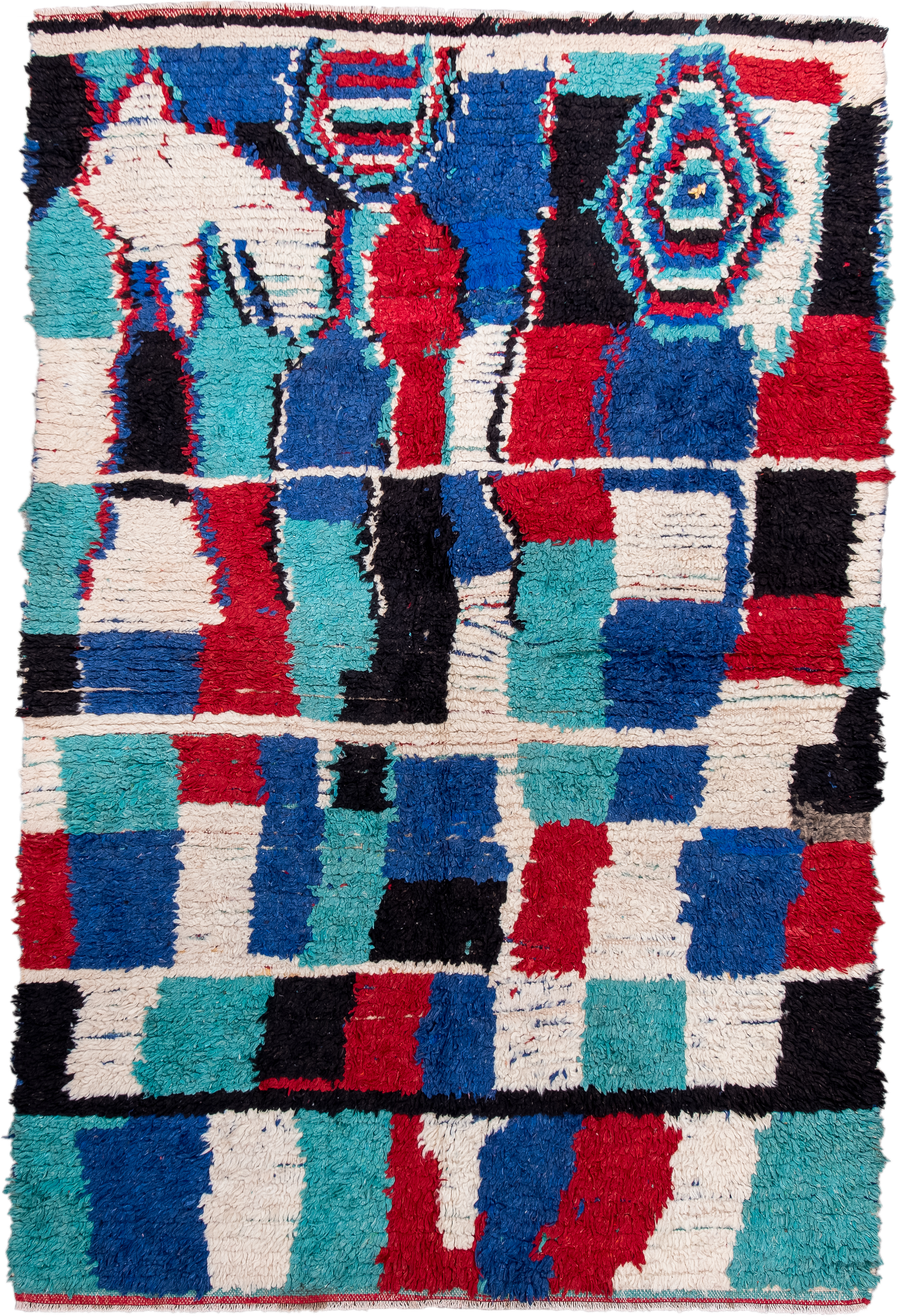 4' x 6' one-of-a-kind handmade vintage Moroccan small size rug. Color palette: ivory, cobalt, red, turquoise, black, blue