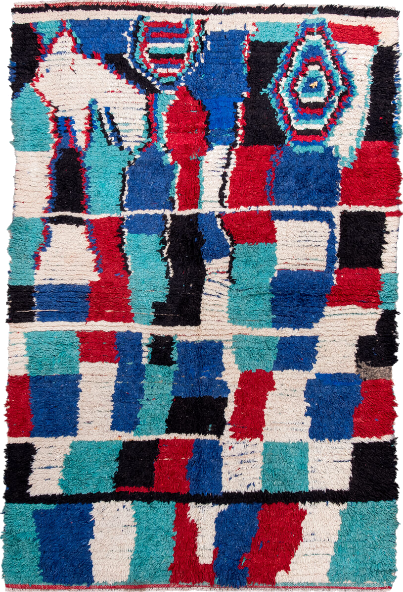 4' x 6' one-of-a-kind handmade vintage Moroccan small size rug. Color palette: blue, brown, crimson, gainsboro, gray, green