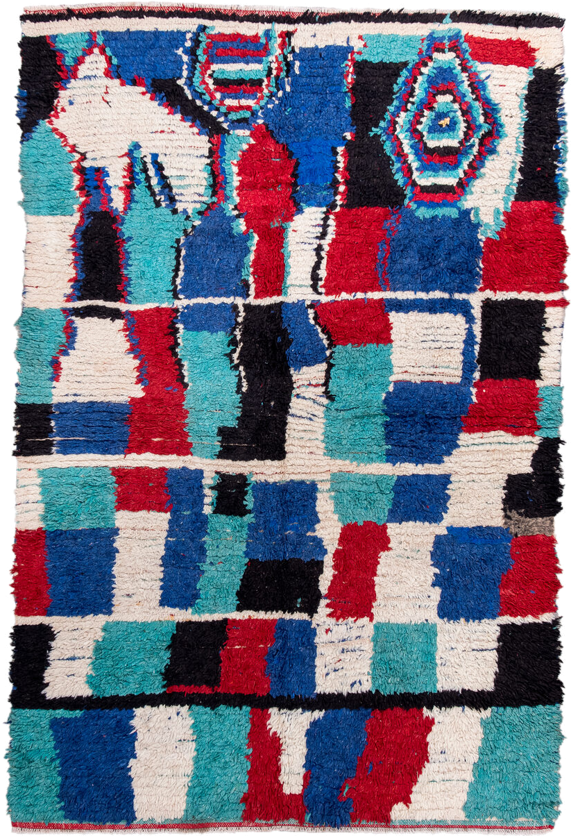 4' x 6' one-of-a-kind handmade vintage Moroccan small size rug. Color palette: ivory, cobalt, red, turquoise, black, blue
