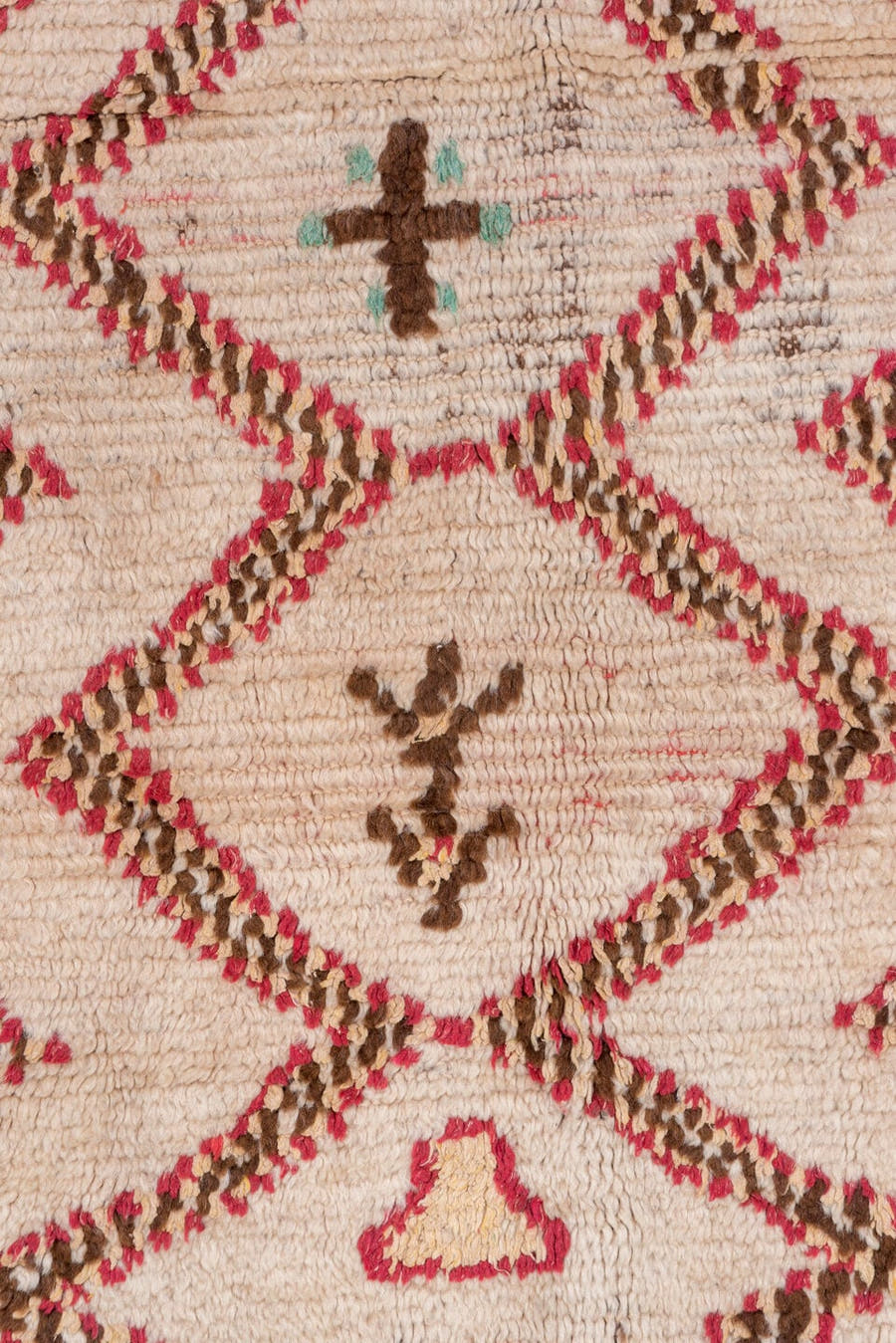 4' x 6' one-of-a-kind handmade vintage Moroccan small size rug. Color palette: ivory, crimson, brown, turquoise, rose, camel