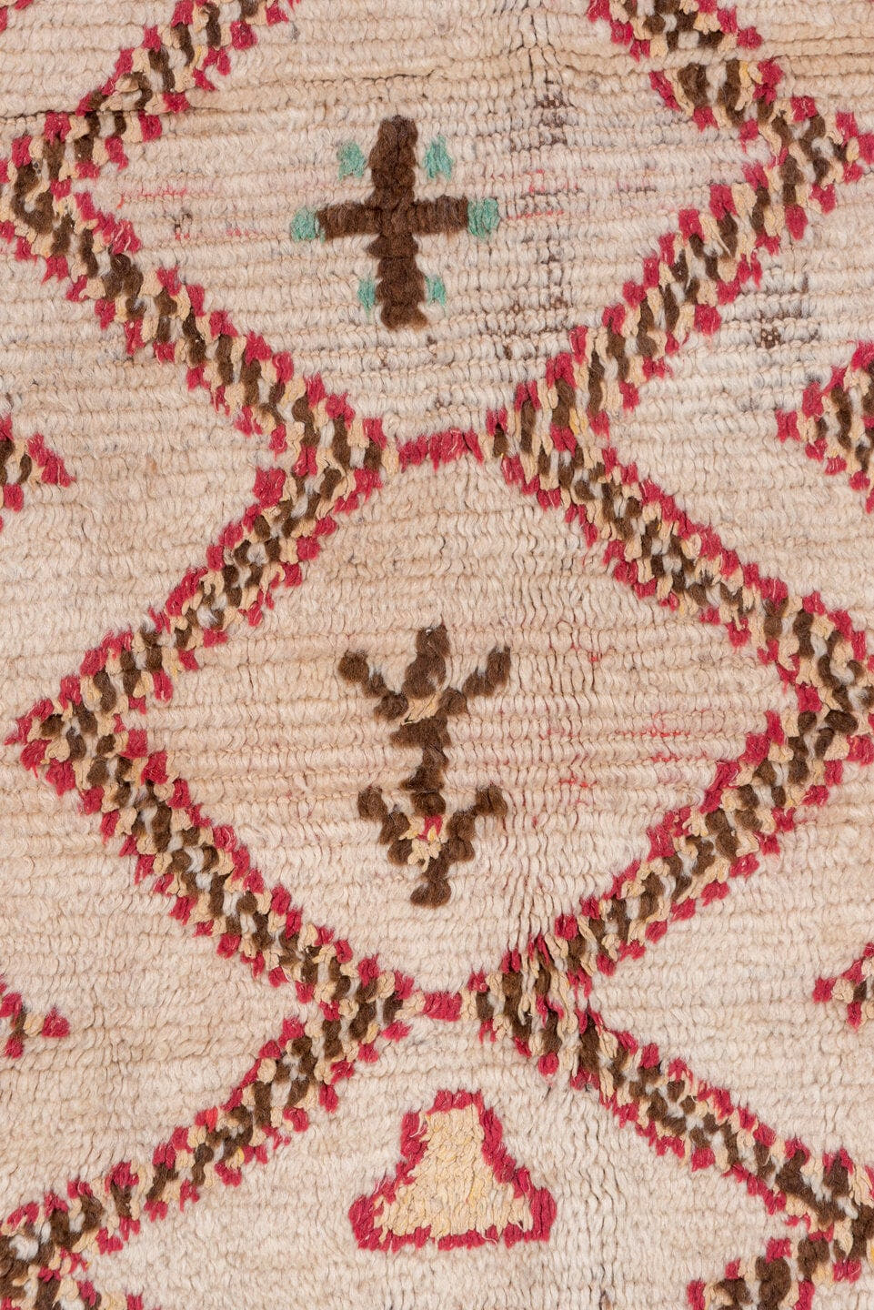 4' x 6' one-of-a-kind handmade vintage Moroccan small size rug. Color palette: ivory, crimson, brown, turquoise, rose, camel
