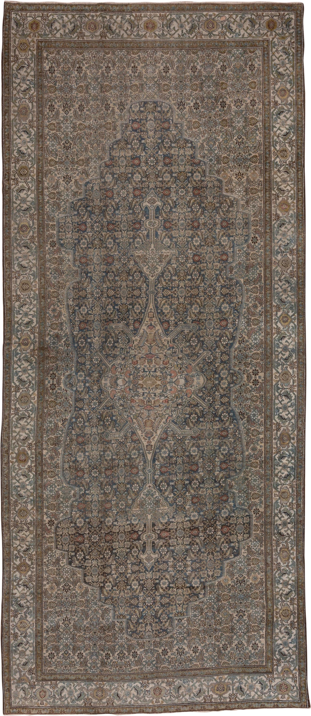 6' x 15' one-of-a-kind handmade antique Malayer rug. Color palette: taupe, blue, ivory, camel, rust, sage, brown, beige