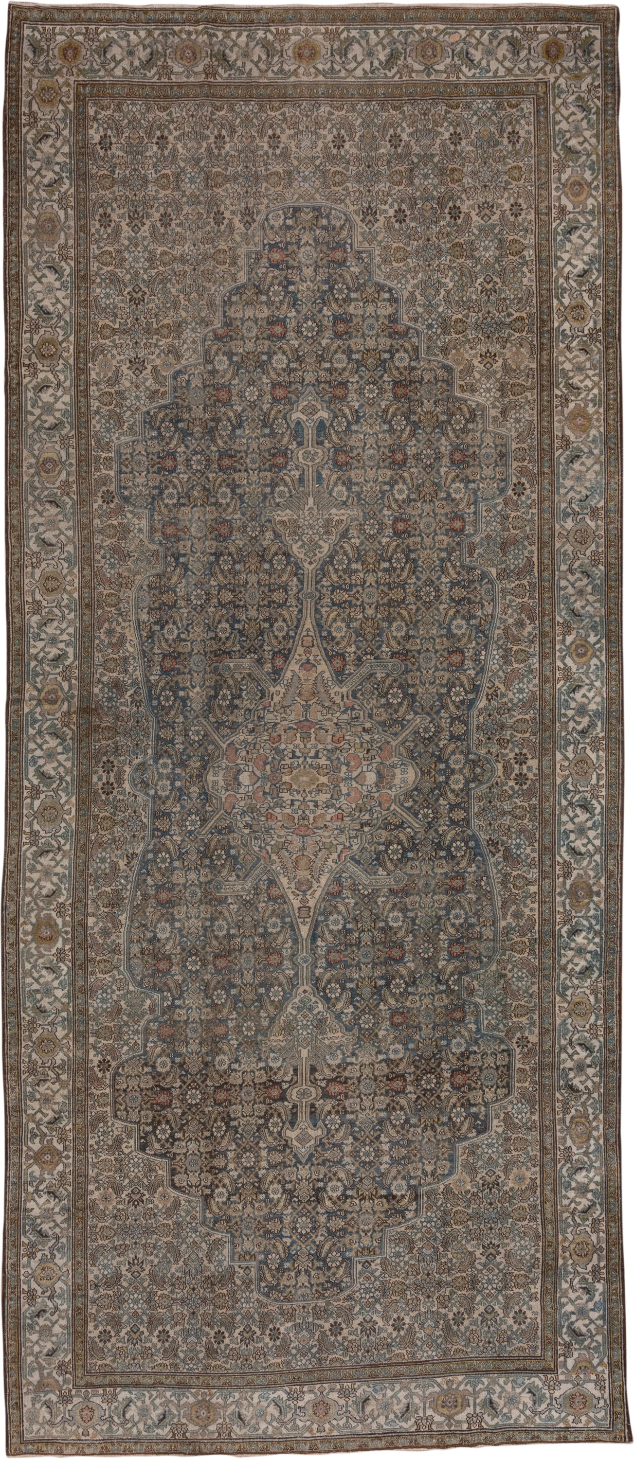 6' x 15' one-of-a-kind handmade antique Malayer rug. Color palette: taupe, blue, ivory, camel, rust, sage, brown, beige