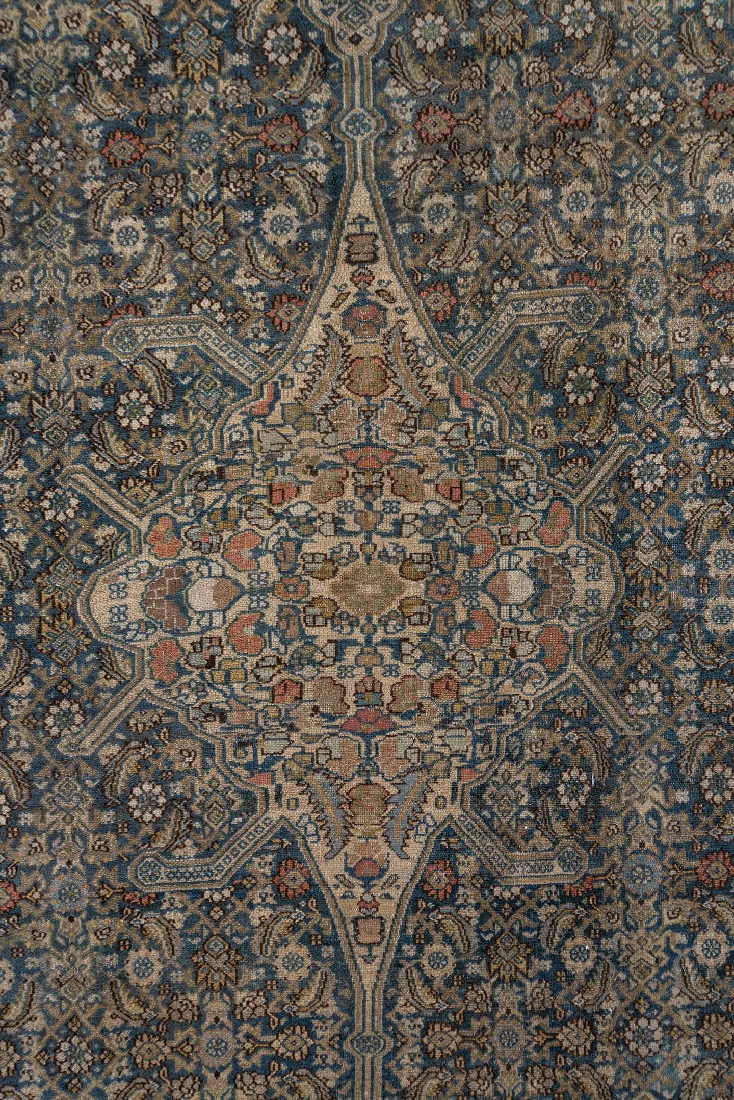 6' x 15' one-of-a-kind handmade antique Malayer rug. Color palette: taupe, blue, ivory, camel, rust, sage, brown, beige