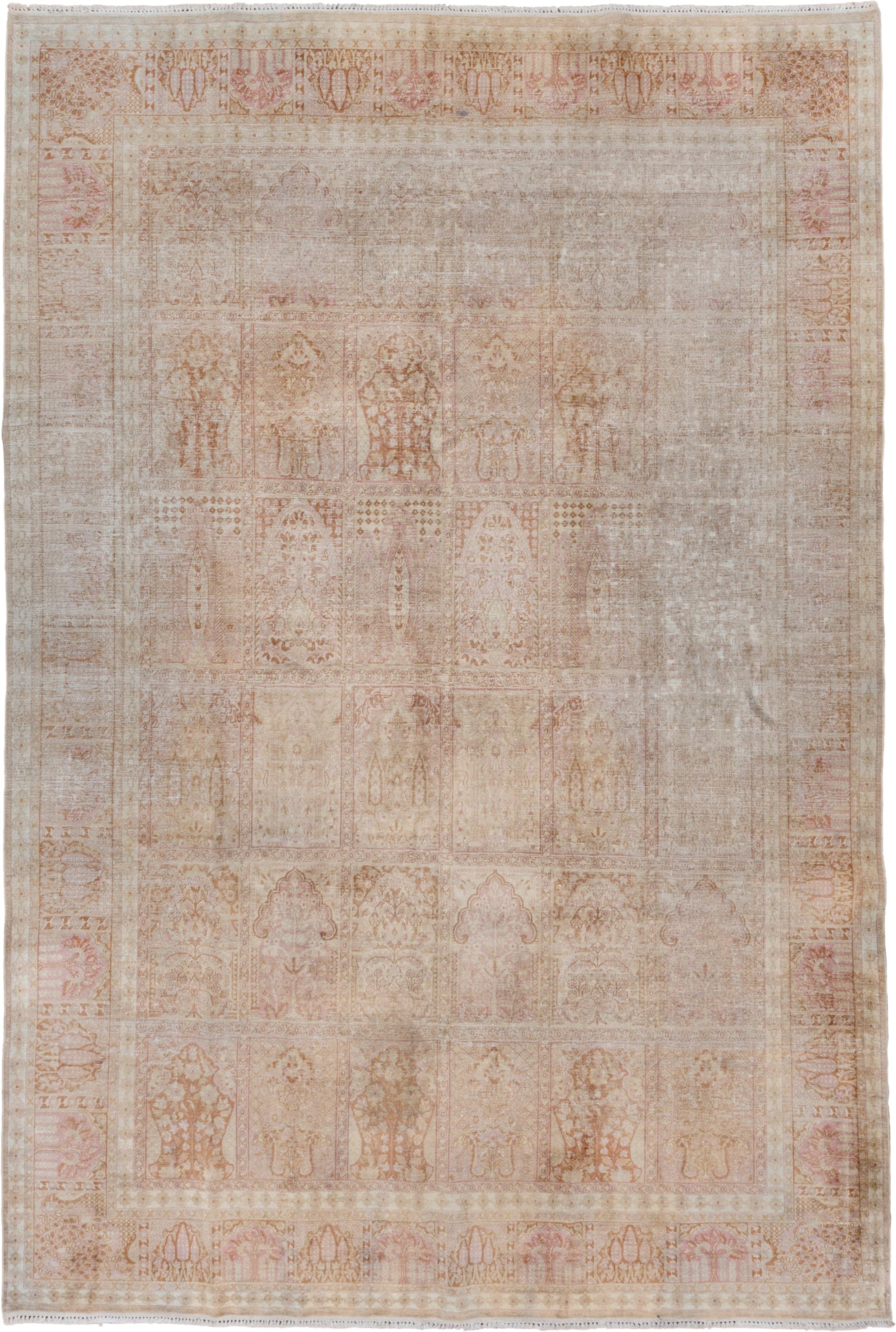 7' x 10' one-of-a-kind handmade antique Kaisary large size rug. Color palette: ivory, blush, sand, camel, taupe, rose, beige