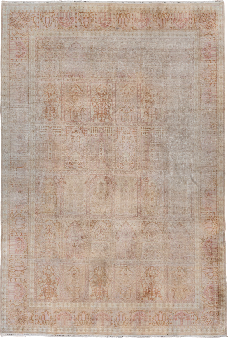 7' x 10' one-of-a-kind handmade antique Kaisary large size rug. Color palette: ivory, blush, sand, camel, taupe, rose, beige