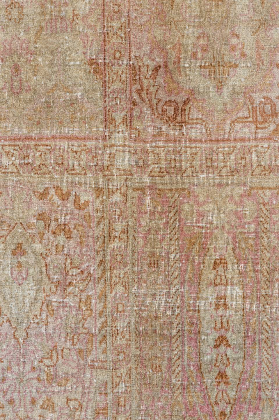 7' x 10' one-of-a-kind handmade antique Kaisary large size rug. Color palette: ivory, blush, sand, camel, taupe, rose, beige