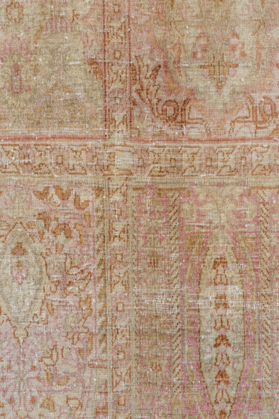 7' x 10' one-of-a-kind handmade antique Kaisary large size rug. Color palette: ivory, blush, sand, camel, taupe, rose, beige