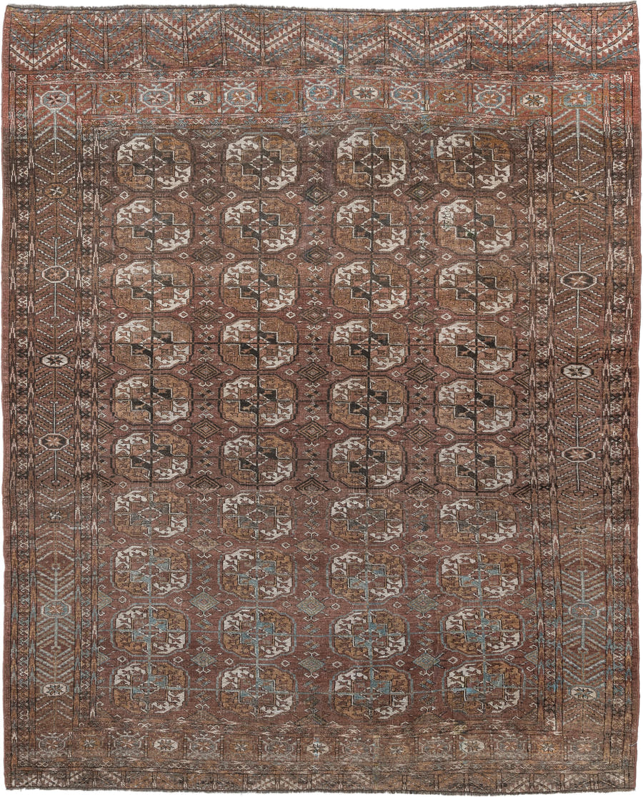 6' x 7' one-of-a-kind handmade vintage Bokara medium size rug. Color palette: rust, camel, brown, ivory, taupe, soft teal